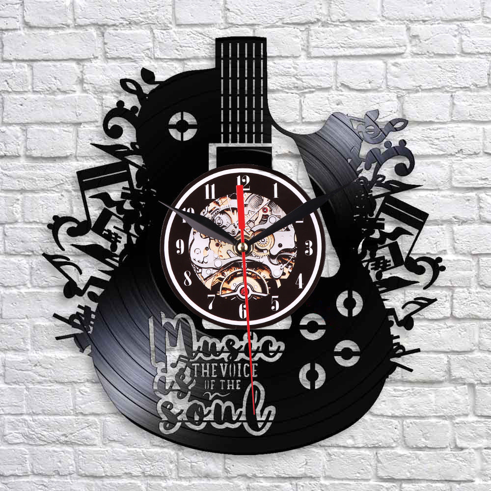 Music Theme Vinyl Record Silent Wall Clock – Retro Guitar Design for Music Lovers