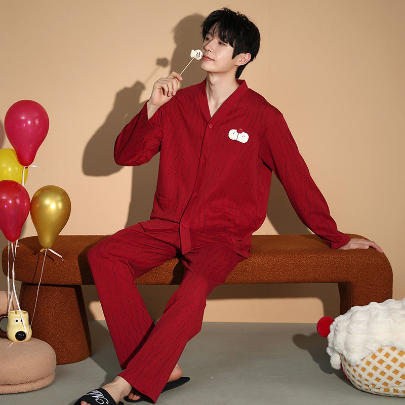 Red Xmas Print Long Sleeve Couples Pajamas 100% Cotton