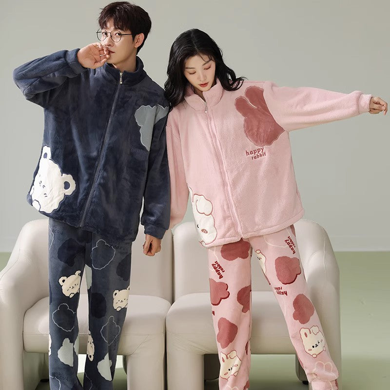 4-Piece Winter Thick Flannel Couples Cute Pajamas Set