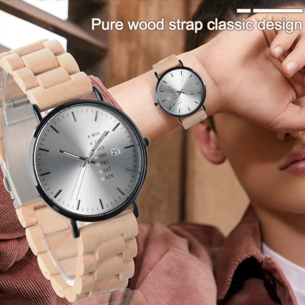 Mens Wood Quartz Watch Luminous Hands and Calendar