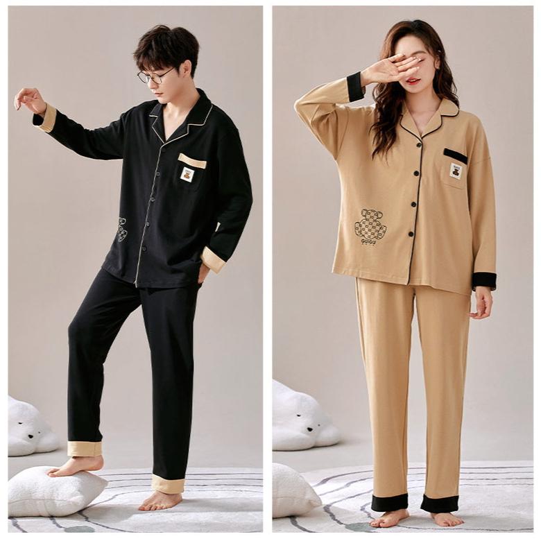 4-Piece Long Sleeve Bear Print PJs Set for Couples 100% Cotton