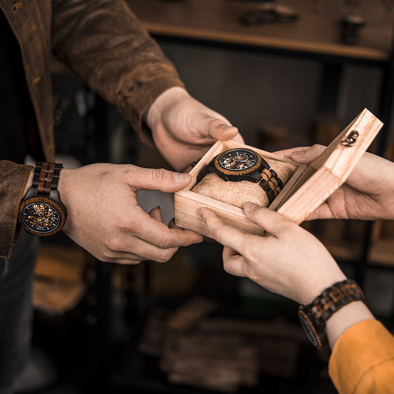 Engraved Skeleton Wood Couple Watch Set