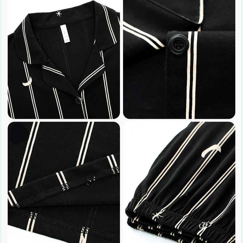 4-Piece Striped Black Matching Cotton Pajamas