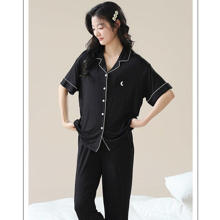 Black Button Up Pajamas Set for Women - 100% Yarn