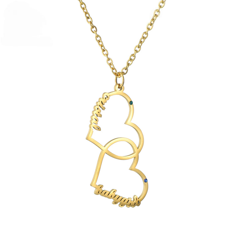 Custom Birthstone Two Hearts Couple Names Necklace