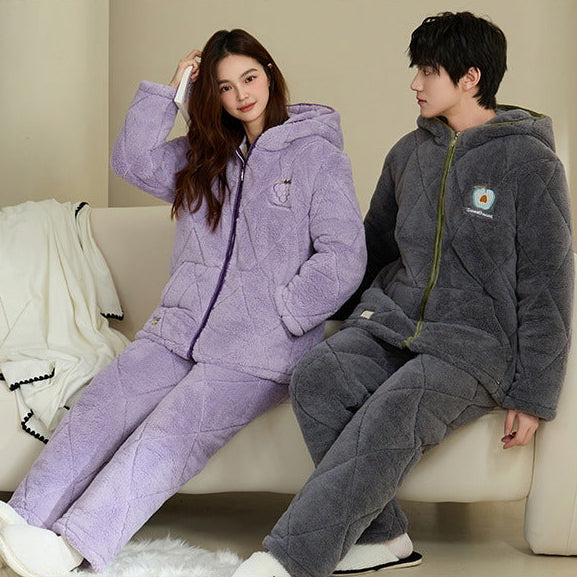 Minimalist Quilted Coral Fleece Couple Pajamas – Cozy Winter Set