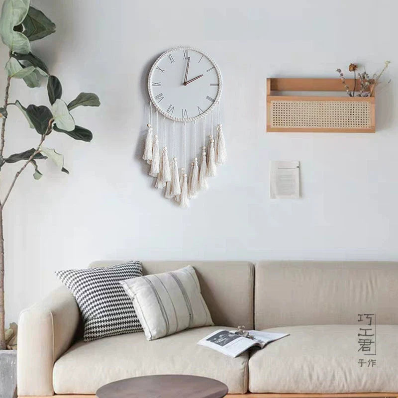 Nordic Macramé Tapestry Silent Wall Clock – Roman, Vertical