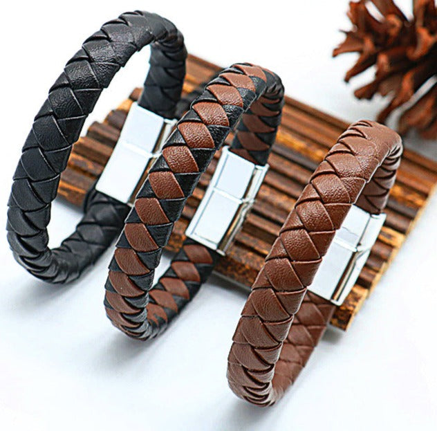 Custom Engraved Mens Leather Bracelet 21.5cm