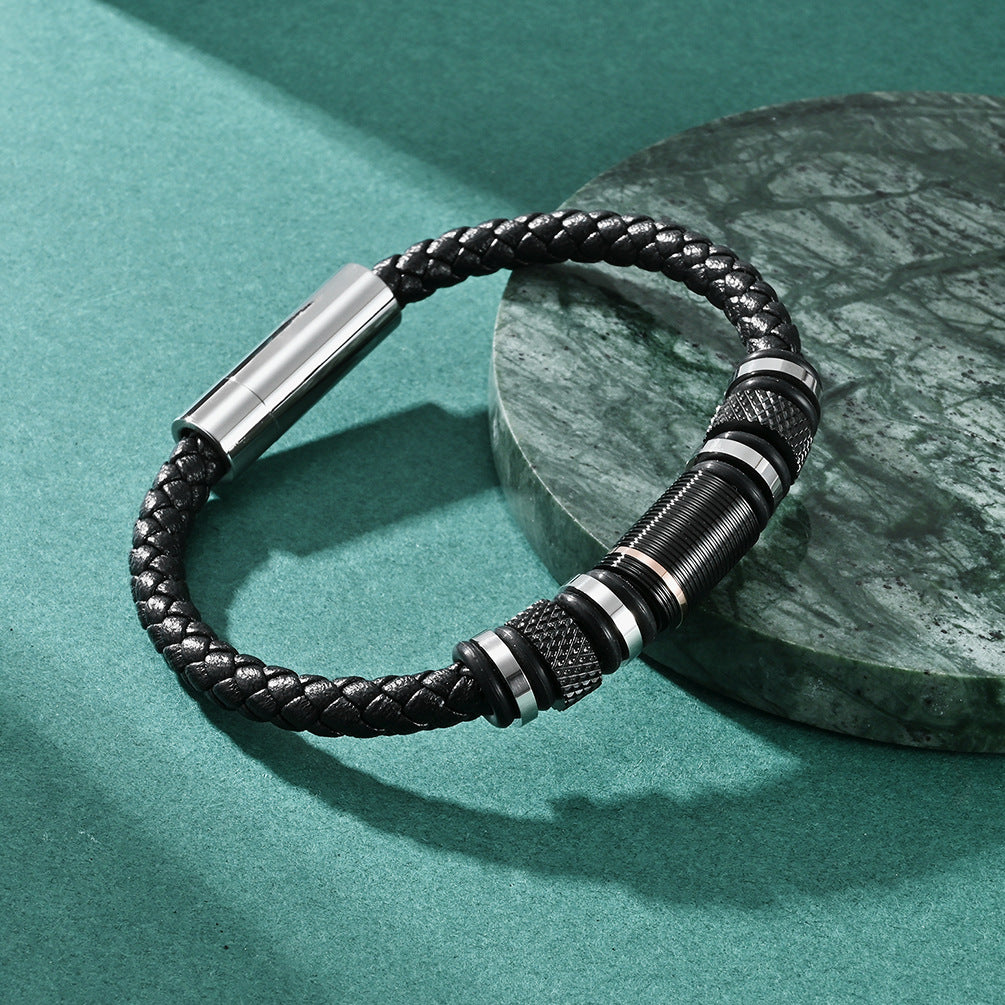 Custom Engraved Mens Bracelets Black Leather 8.5 Inches