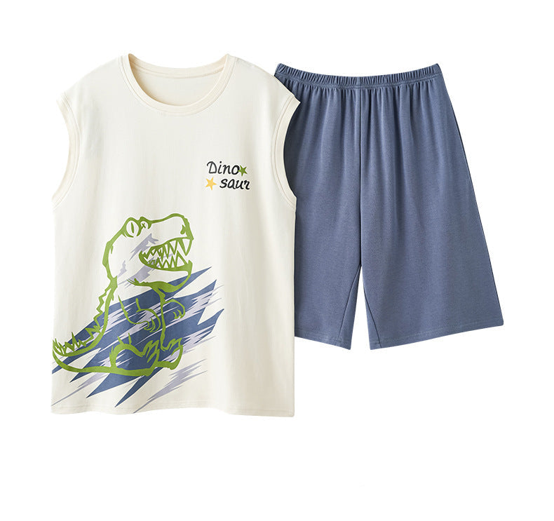 Playful Dinosaur Couple Pajamas – Cotton Sleeveless Top & Shorts Set by Gullei