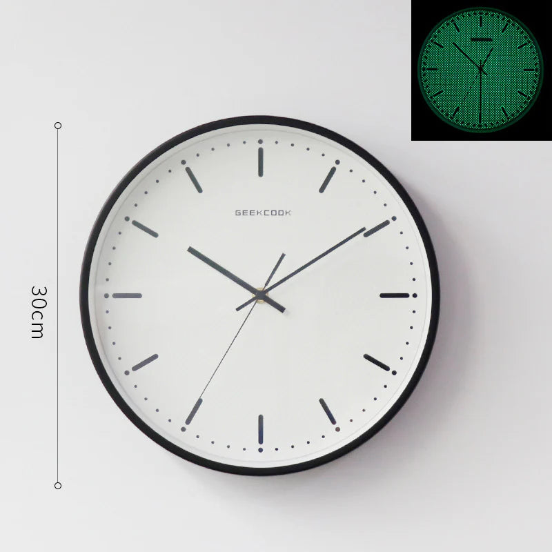 Minimalist Night-Glow Silent Wall Clock — 12" Metal & Glass