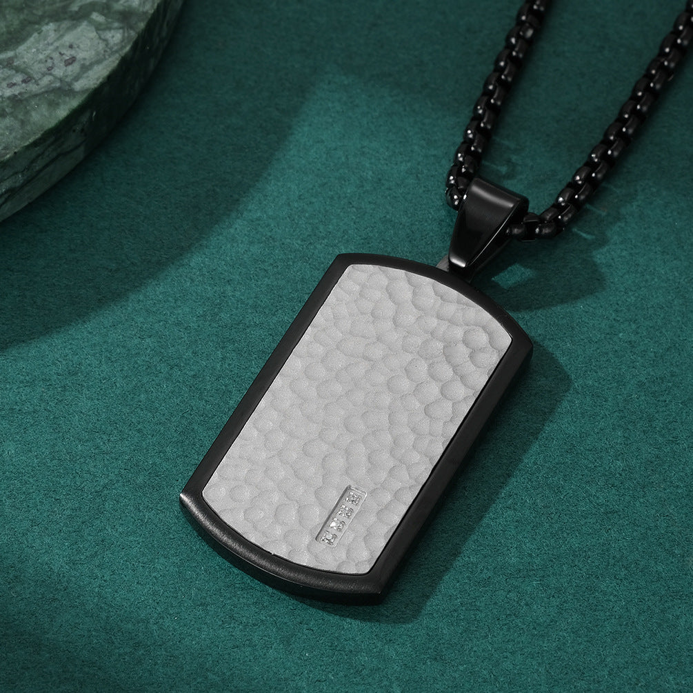Engraved Beveled Hammered Pendant Mens Necklace
