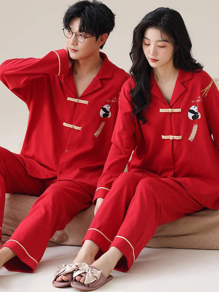 Red Chinese Couples 4-Piece Pajamas Set 100% Cotton