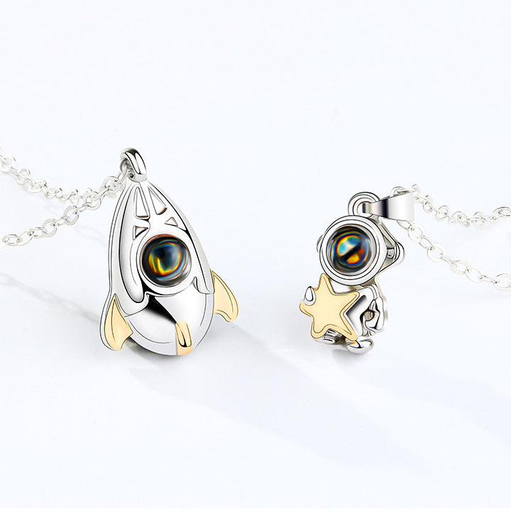 Engravable Love Projection Spaceman Couple Necklaces Set
