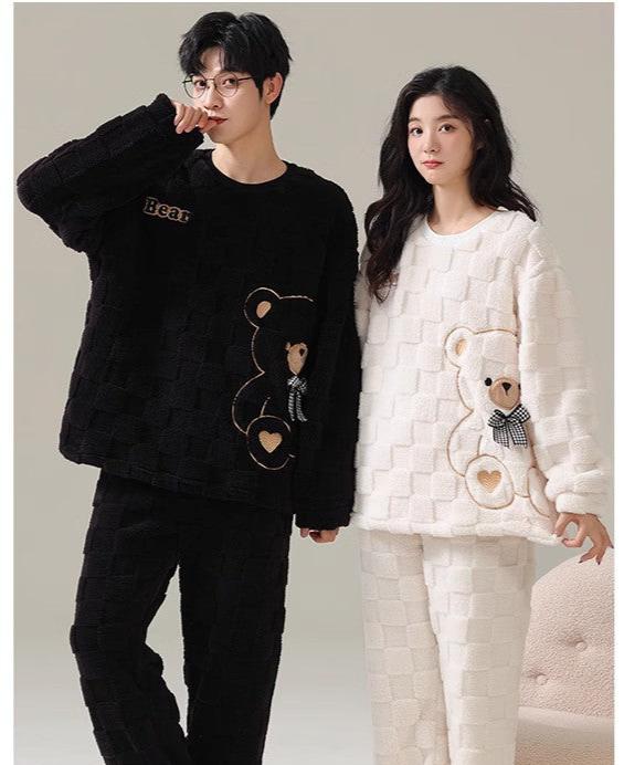 4-Piece Thick Flannel Couples Cute Pajamas Set
