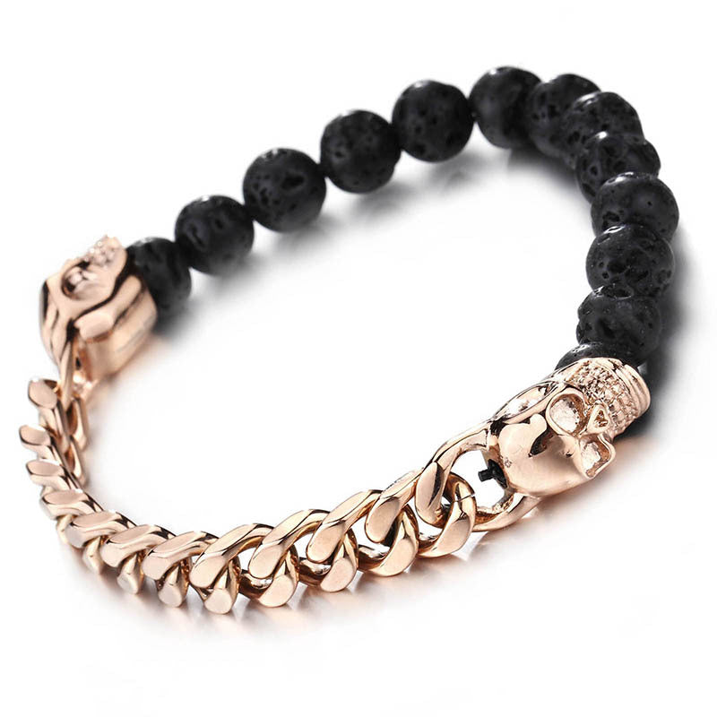 Skull Volcanic Beads Mens Bracelet 18.5cm