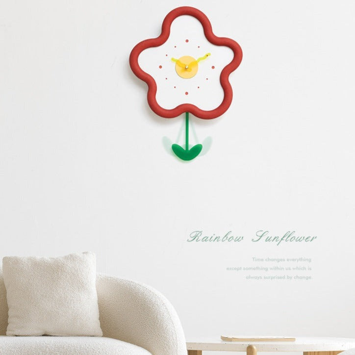 Kids Silent Flower Wall Clock with Swinging Pendulum - Eco-Friendly Bedroom Decor