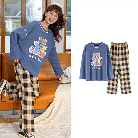 Gullei™ Bear Pullover Plaid Pajamas Set Pure Cotton