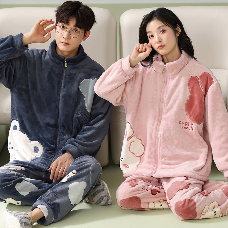 4-Piece Winter Thick Flannel Couples Cute Pajamas Set