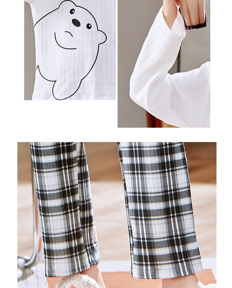 Cute Bear Couple PJs: Matching Long Sleeve Plaid Pajamas
