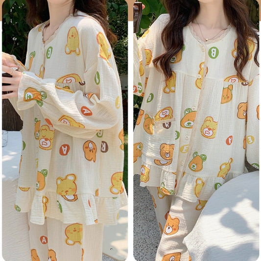 Cute Bear Pajamas Two-Piece Set for Women - 100% Yarn