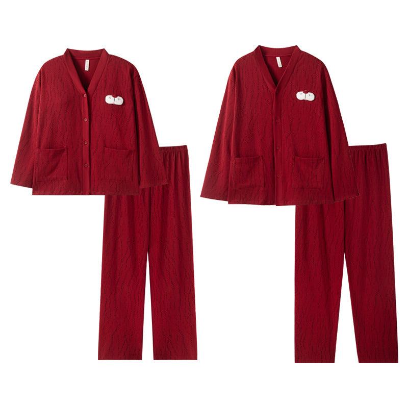 Red Xmas Print Long Sleeve Couples Pajamas 100% Cotton