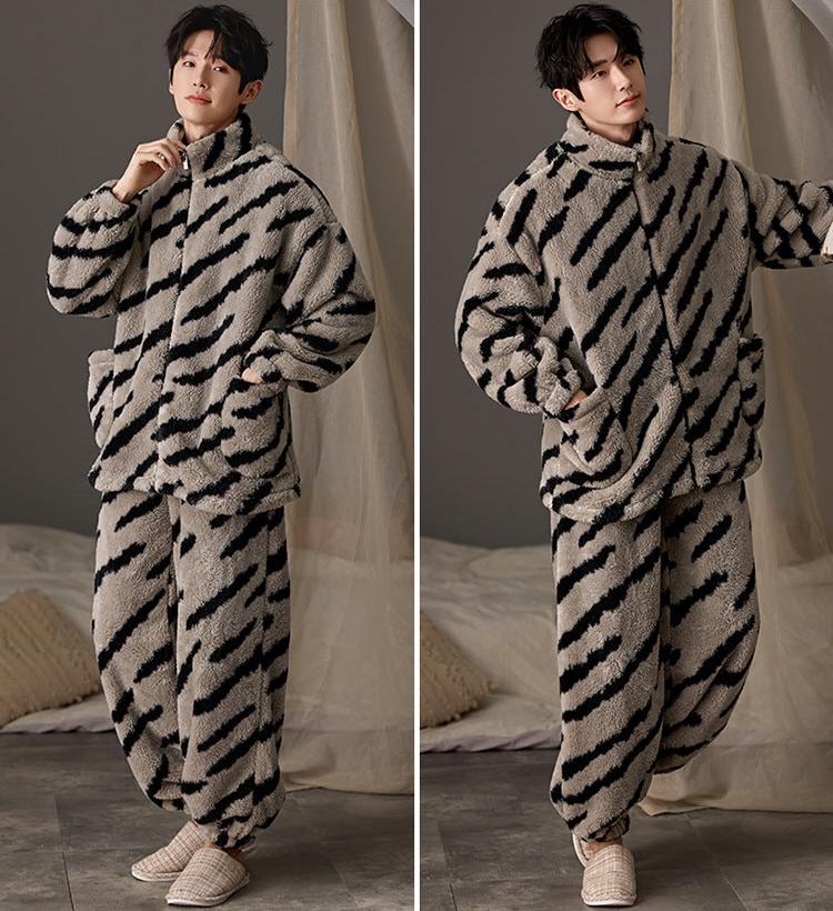 4-Piece Zipper Coral Flannel Pajamas for Couples