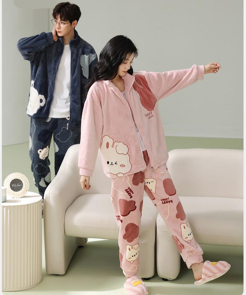 4-Piece Winter Thick Flannel Couples Cute Pajamas Set