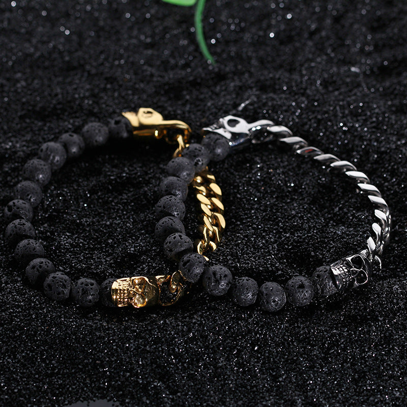 Skull Volcanic Beads Mens Bracelet 18.5cm