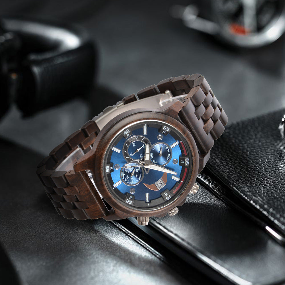 Multifunctional Mens Wood Watch with Customized Engraving