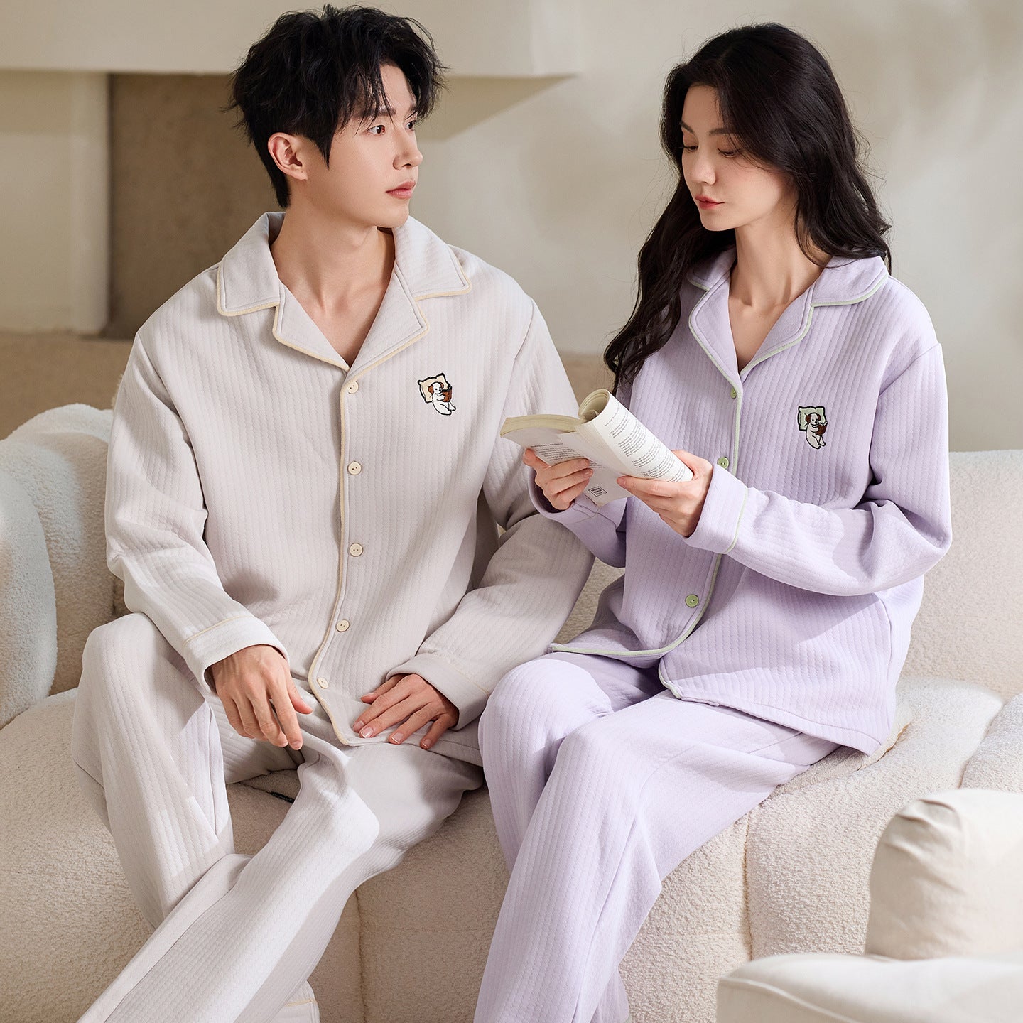 Matching Couple Pajamas Set – Air Cotton with Pastel Contrast Piping