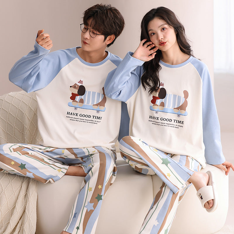 Matching Couple Pajamas Set – 100% Cotton Cartoon Puppy & Striped Pants