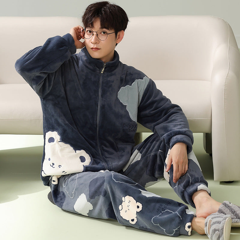 4-Piece Winter Thick Flannel Couples Cute Pajamas Set