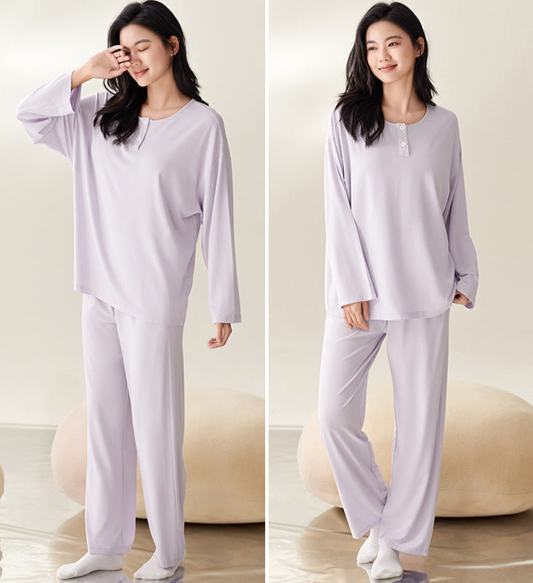 Plain Button-Front Pajamas Set 100% Polyester