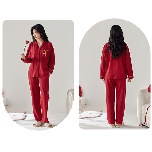 Long Sleeves Red Chinese Matching Sleepwear Set 100% Cotton
