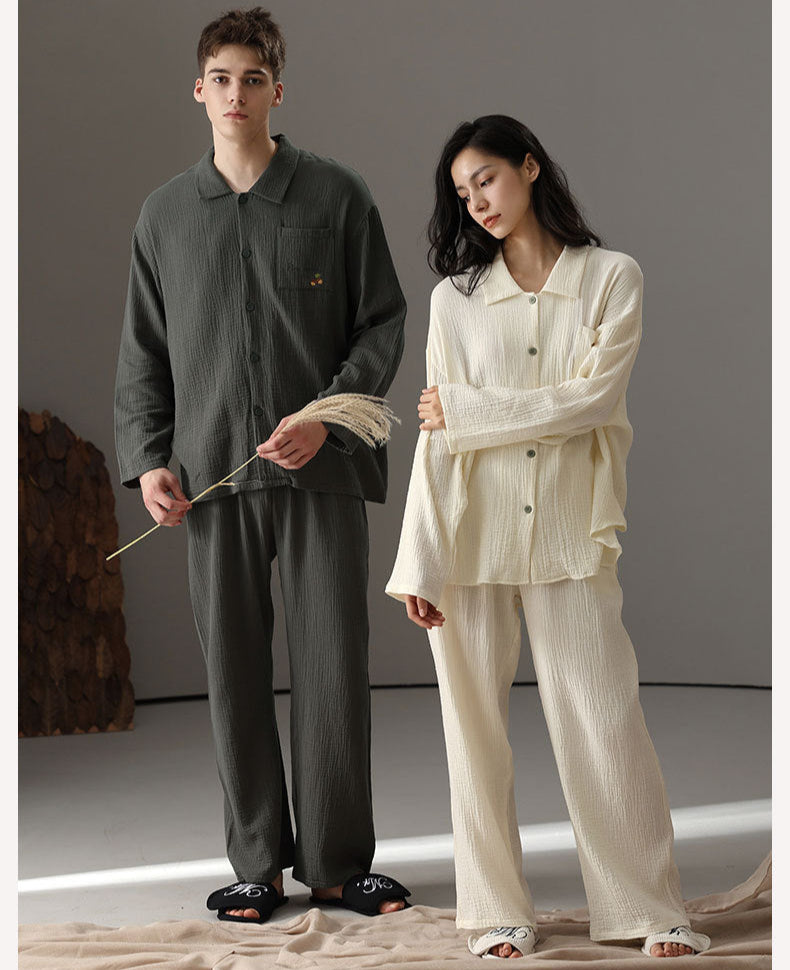 Minimalist Double-Layer Cotton Couple's Pajama Set