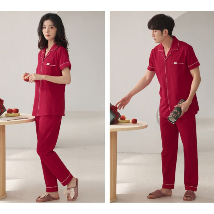 Short Sleeve Red Couples Pajamas Set 100% Cotton