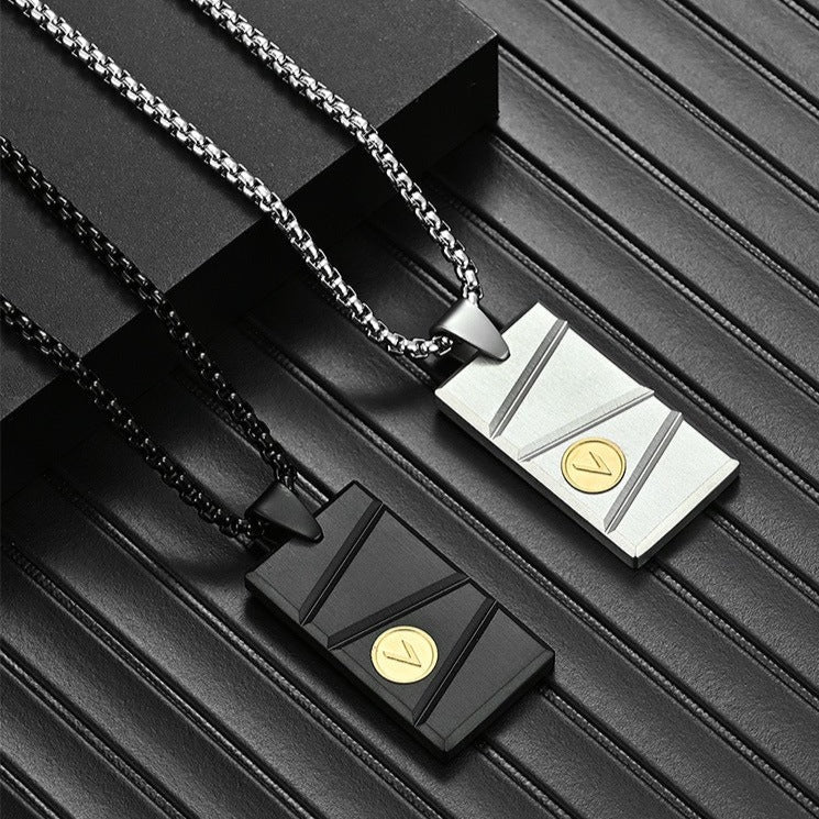 Engraved Beveled Bar Mens Pendant Necklace