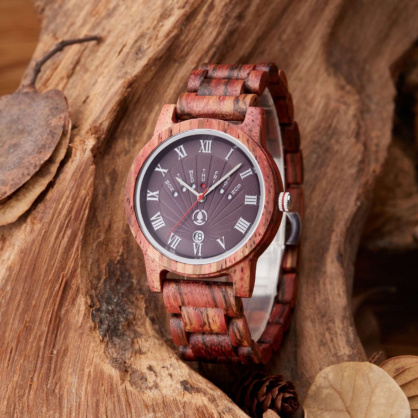 Engraved Mens Wood Watch Elegant Roman Numbers