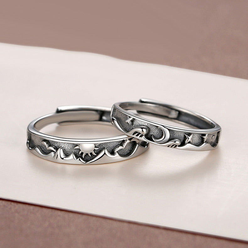 Engraved Sun and Moon Couple Promise Rings