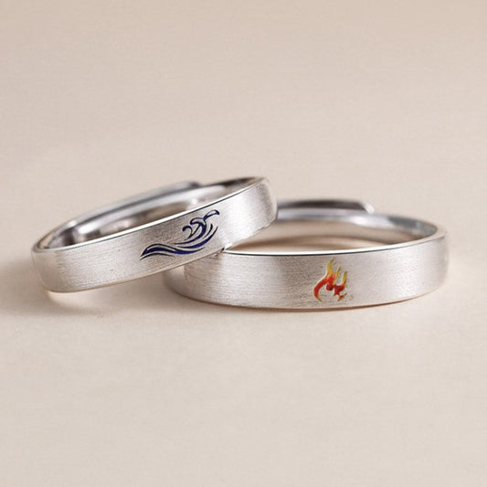 Engraved Fire and Water Rings Set for Couples - Solid Sterling Silver - Adjustable Size