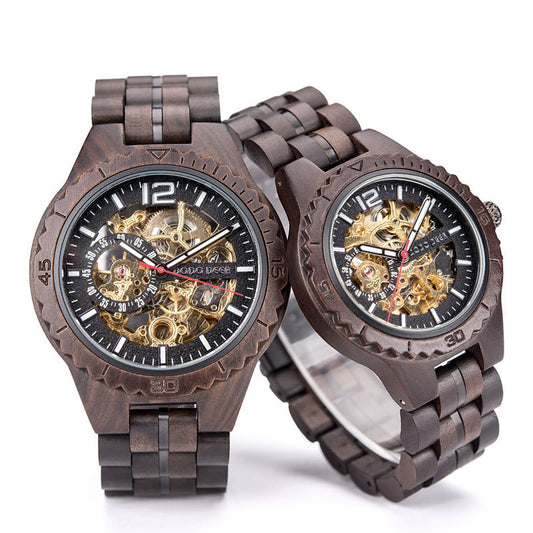 Engraved Matching Wood Couple Watch Set Skeleton Design
