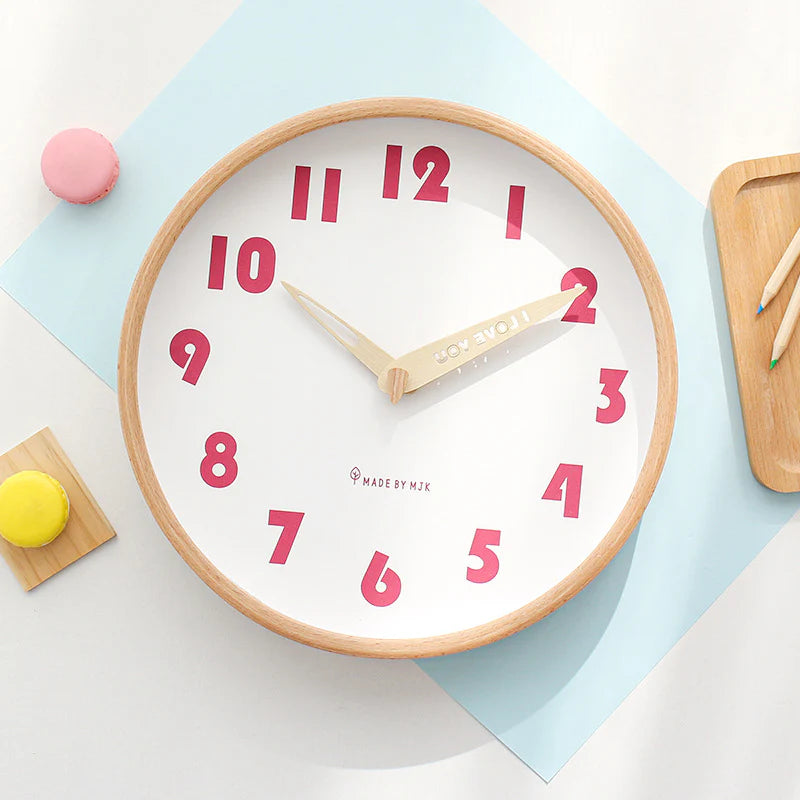 Classroom Silent Wall Clock – Solid Wood, 12" (Non-Ticking)
