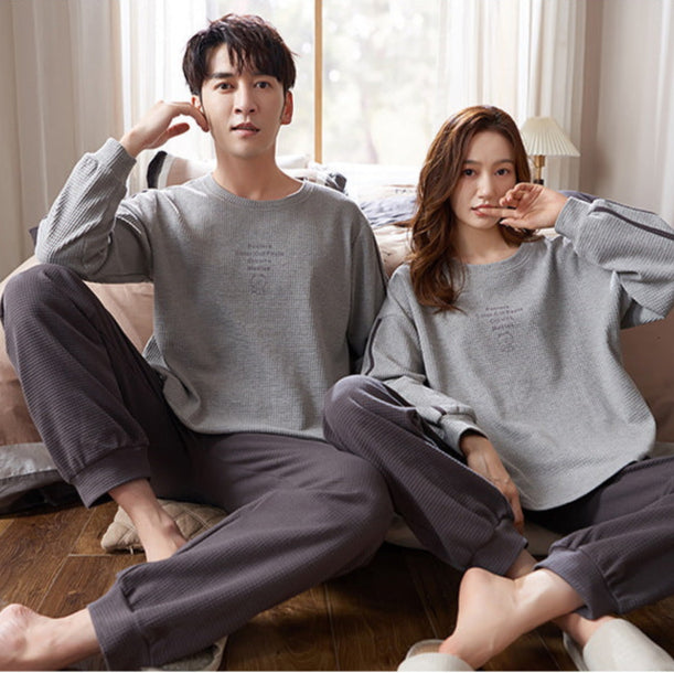 Modern Grey Couple Pajamas: Comfortable Waffle Knit Matching PJs
