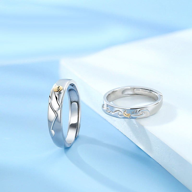 Engraved Sun and Moon Promise Rings Set - Adjustable Sterling Silver Couple Rings