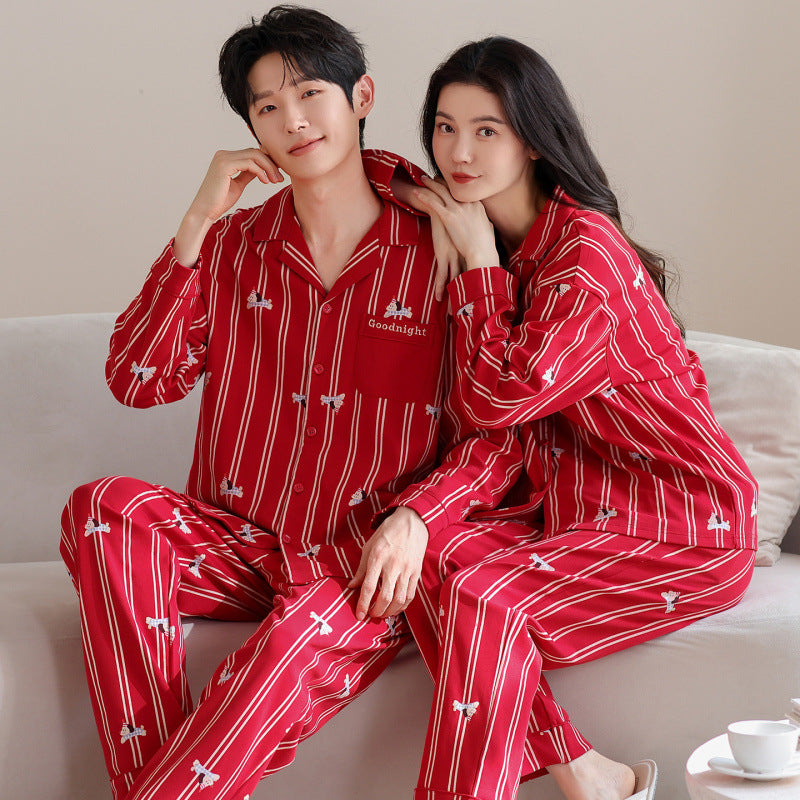 Matching Couple Pajamas Set – Red Stripe Dog Embroidery, 100% Cotton