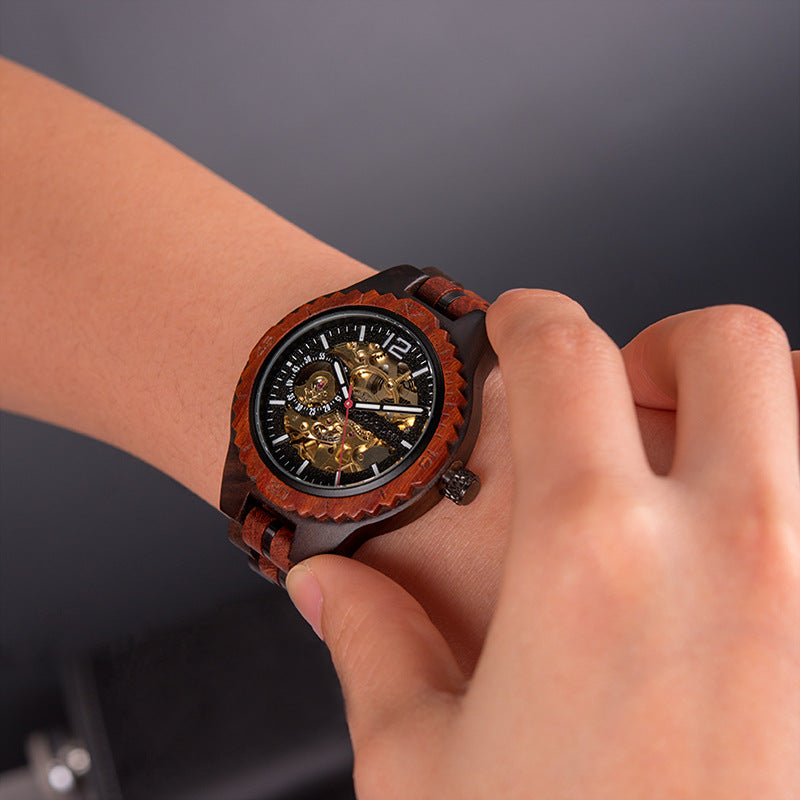 Engraved Skeleton Wood Couple Watch Set