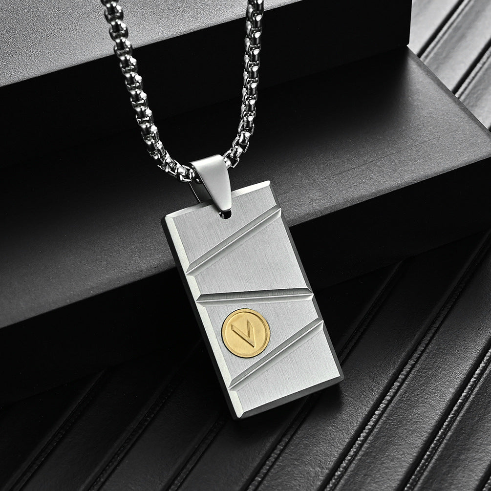 Engraved Beveled Bar Mens Pendant Necklace