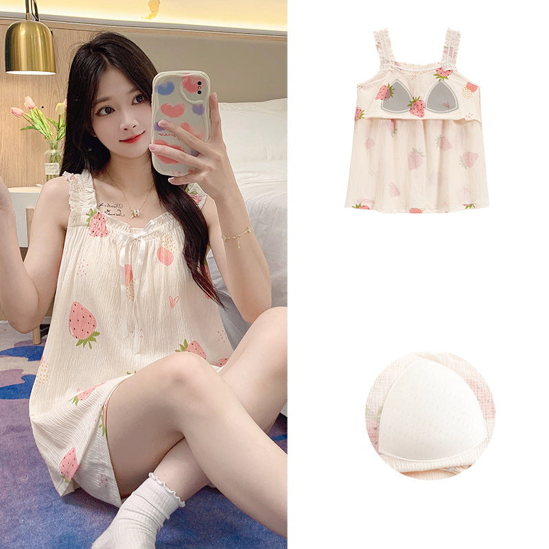 Strawberry Print Slip Padded Bra Nightwear 100% Cotton