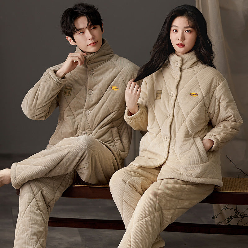 Button-Up Quilted Corduroy Couple Pajama Set – Ultra-Warm Winter Loungewear